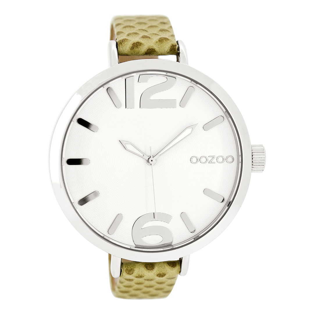 Zilverkleurige OOZOO horloge met beige leren band - C7956