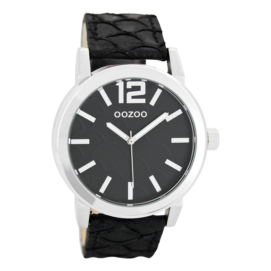 Silver coloured OOZOO watch with black leather strap - C7999