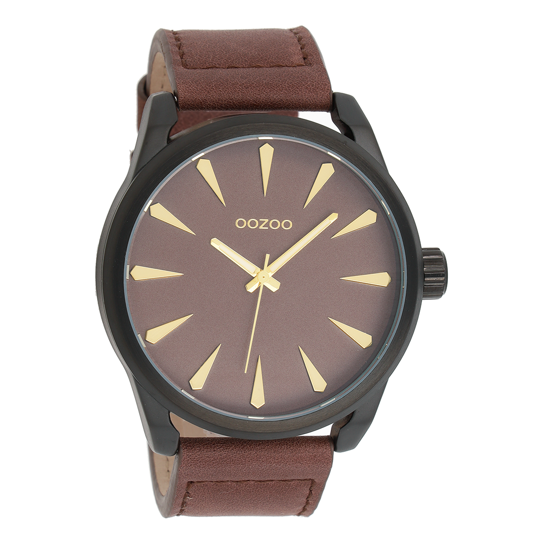 Black OOZOO watch with brown leather strap - C8227