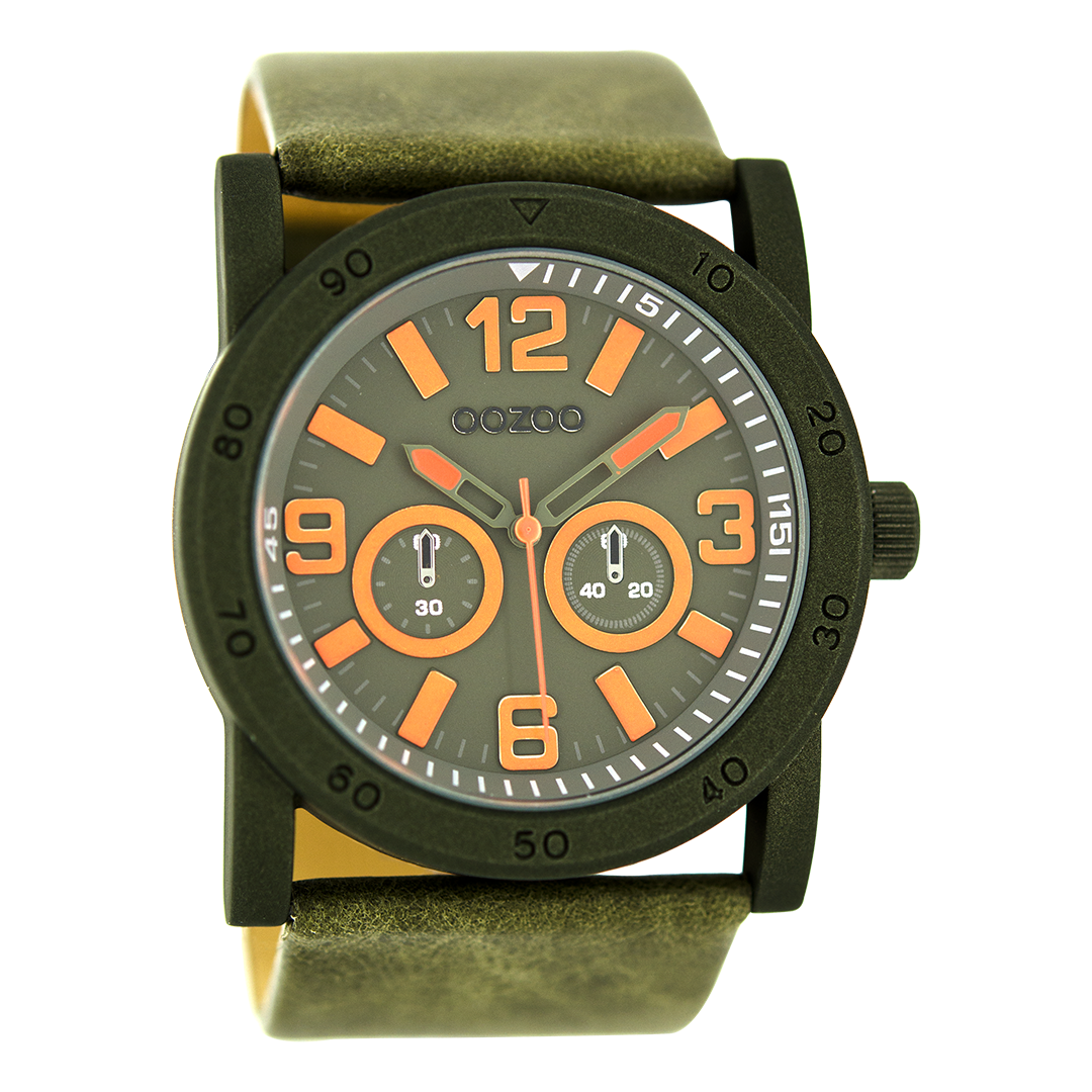 Zwarte OOZOO horloge met donker groene leren band - C8307