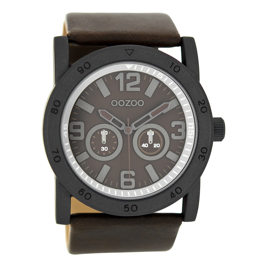Zwarte OOZOO horloge met donker bruine leren band - C8308
