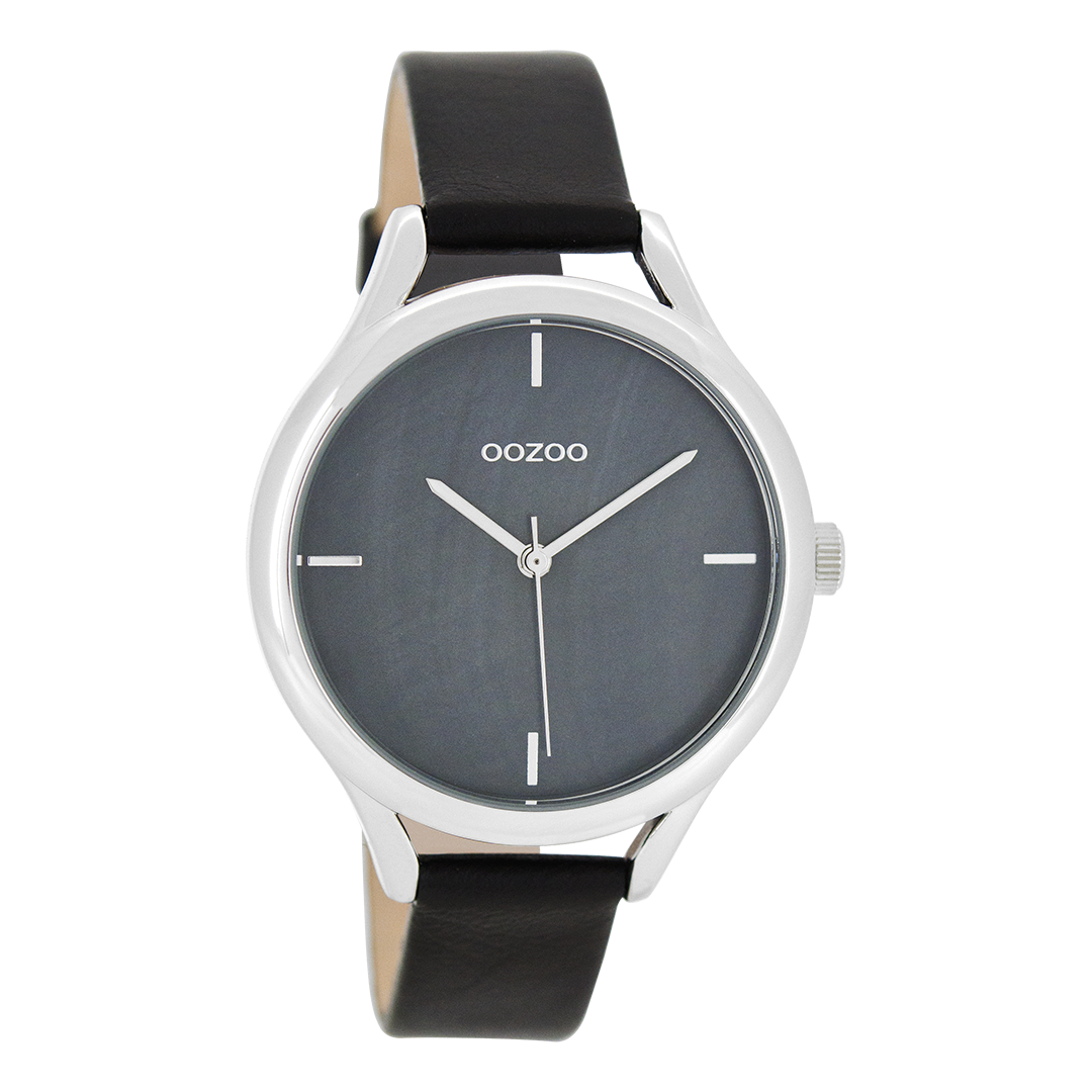 Zilverkleurige OOZOO horloge met zwarte leren band - C8349