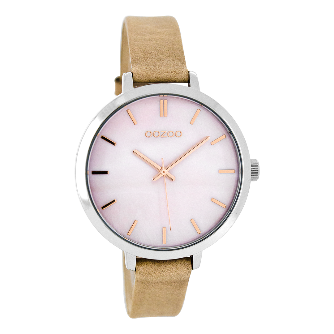 Zilverkleurige OOZOO horloge met oud roze leren band - C8356