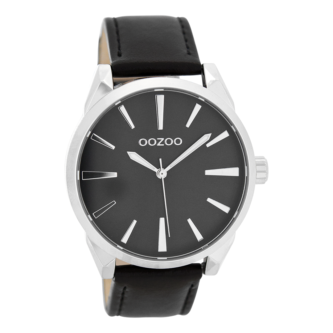 Zilverkleurige OOZOO horloge met zwarte leren band - C8364