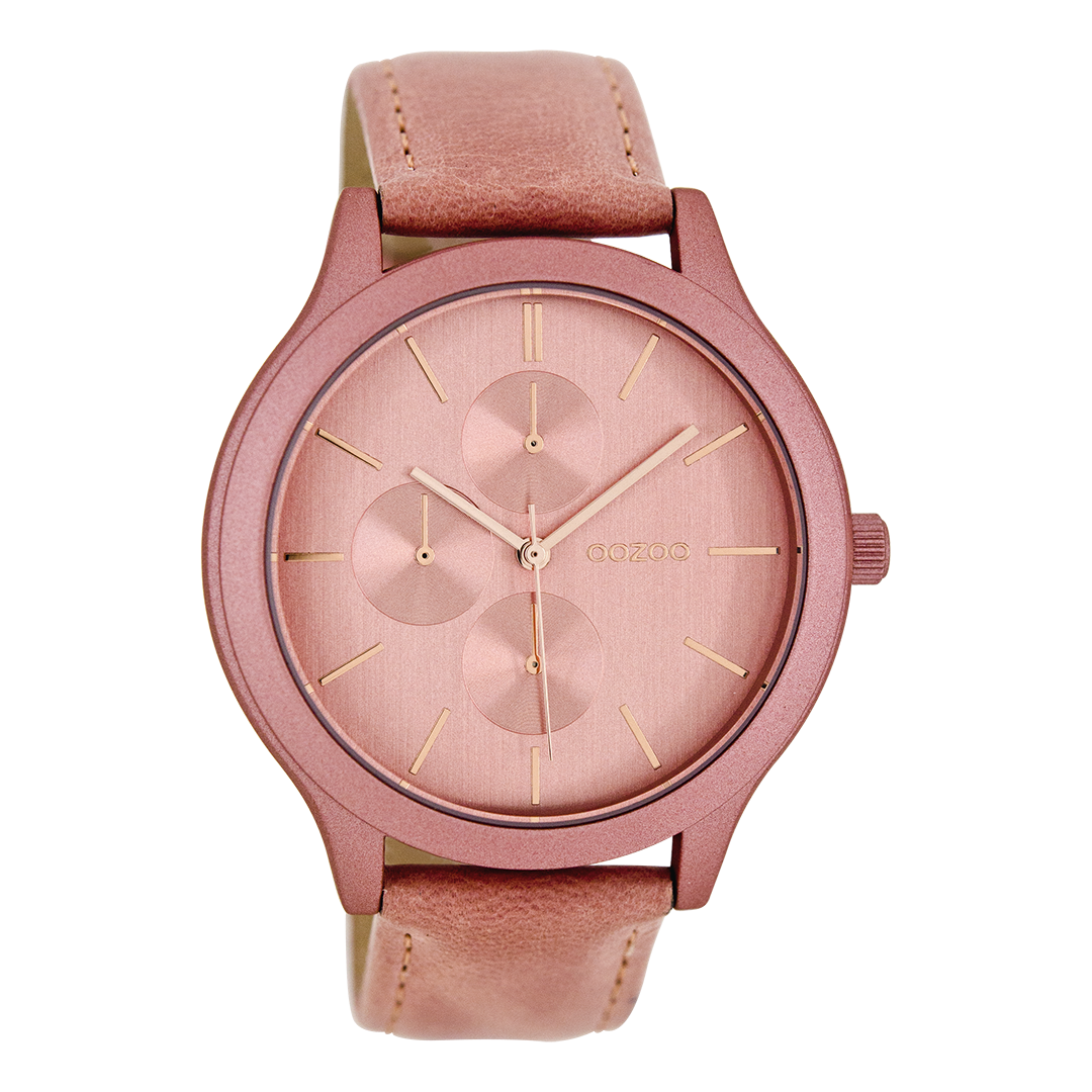 Roze OOZOO horloge met donker roze leren band - C8370
