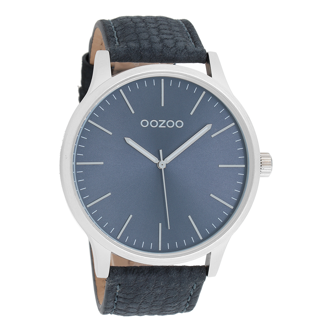 Zilverkleurige OOZOO horloge met donker blauwe leren band - C8537
