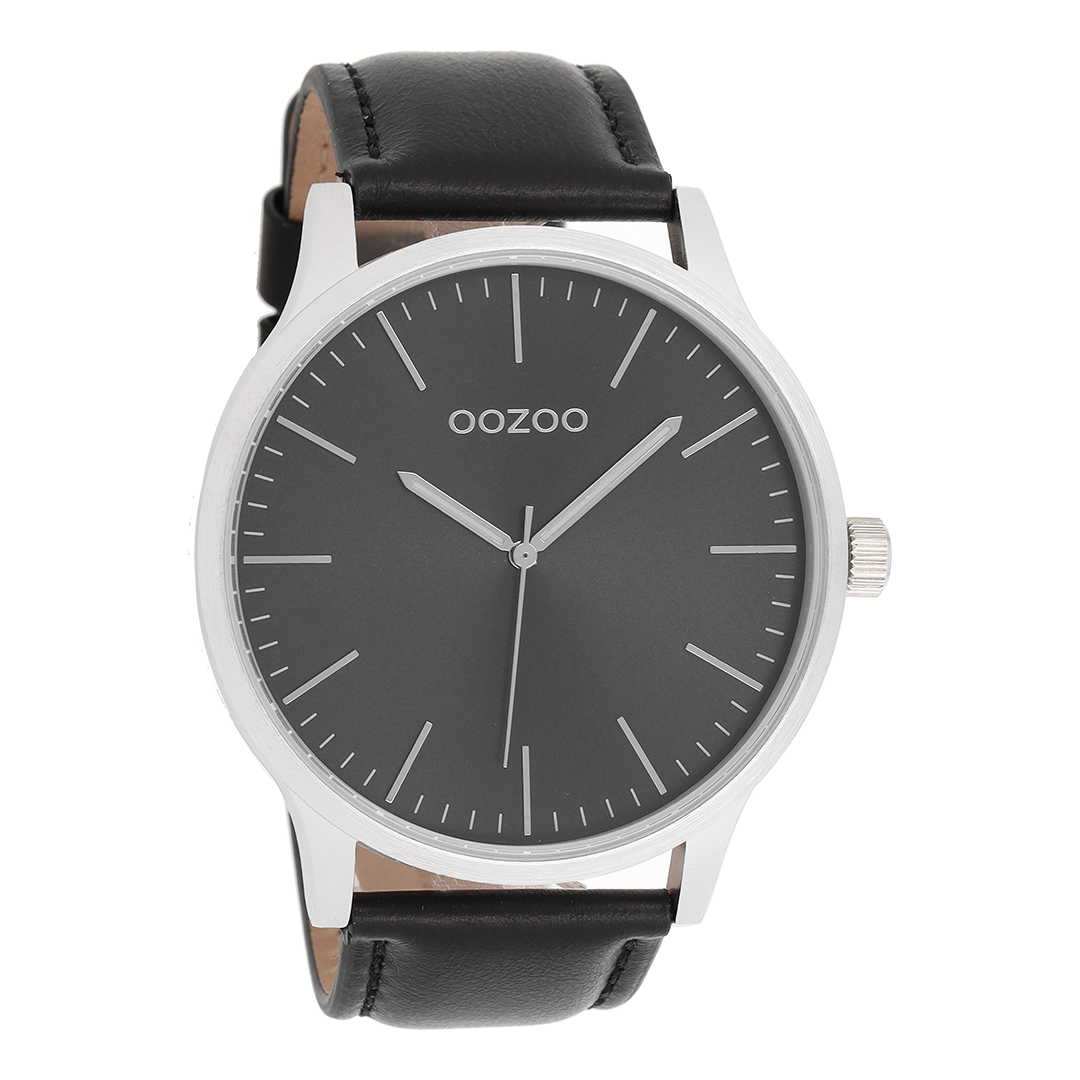 Zilverkleurige OOZOO horloge met zwarte leren band - C8539