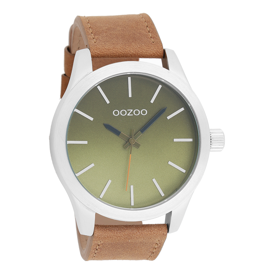 Zilverkleurige OOZOO horloge met bruine leren band - C8556
