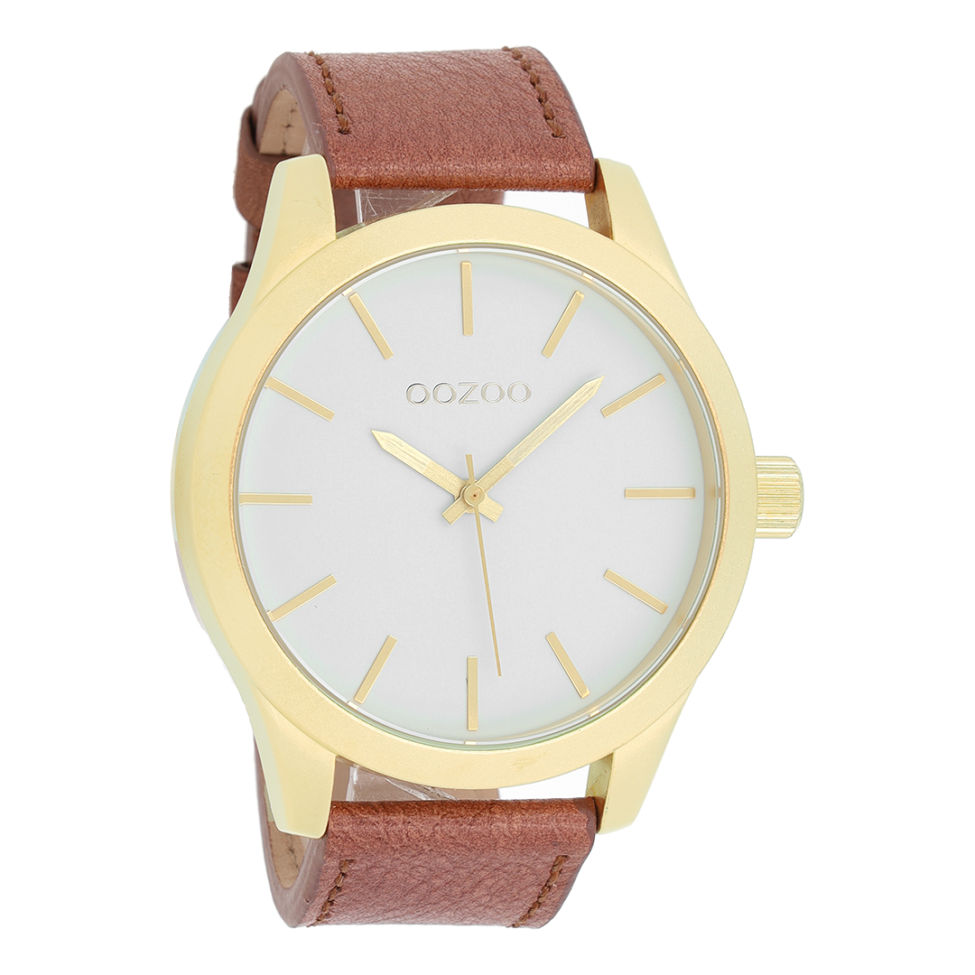 Goudkleurige OOZOO horloge met bruine leren band - C8557