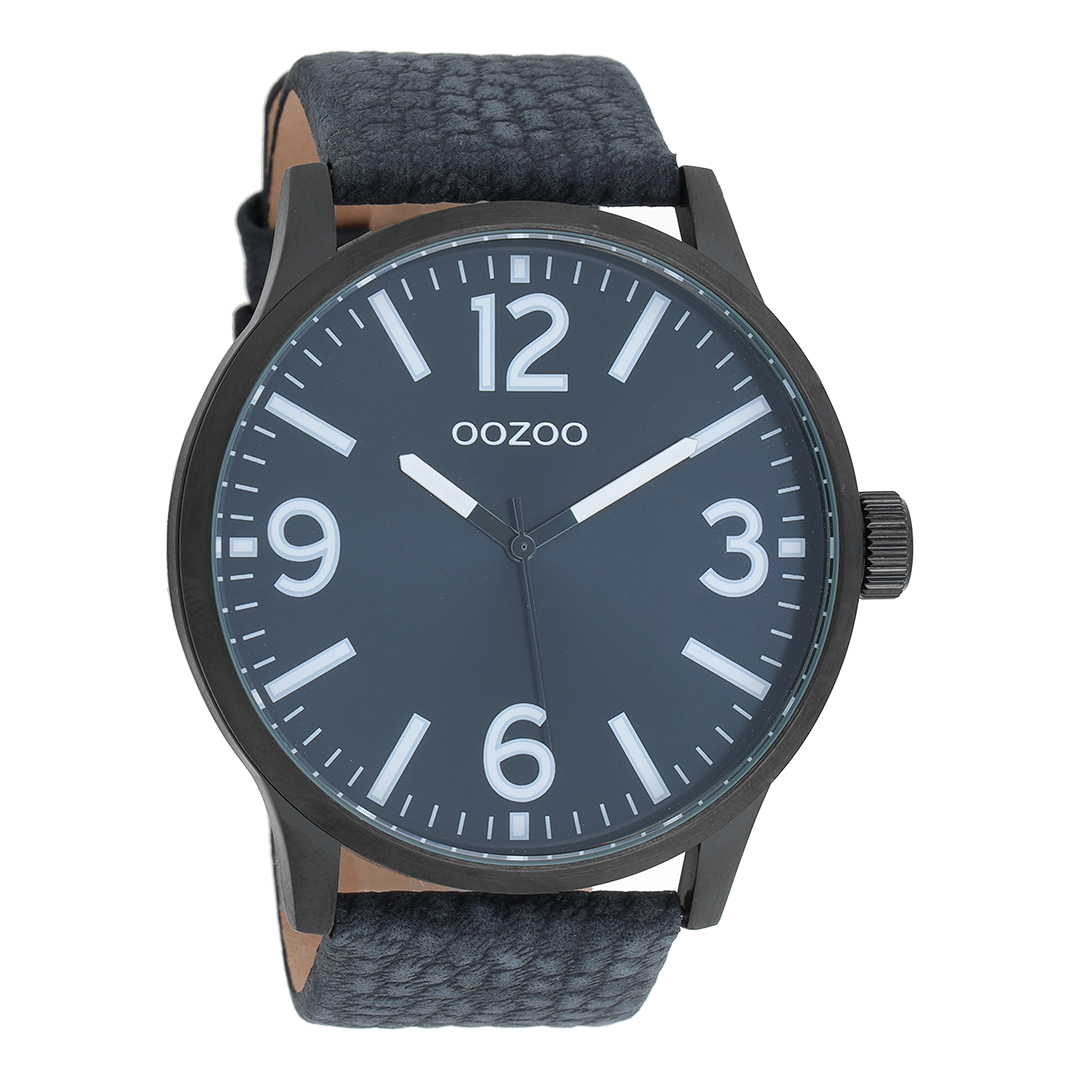 Zwarte OOZOO horloge met donker blauwe leren band - C8572