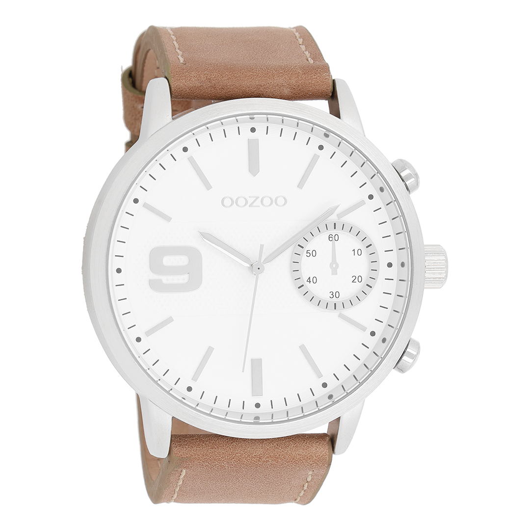 Zilverkleurige OOZOO horloge met bruine leren band - C8580