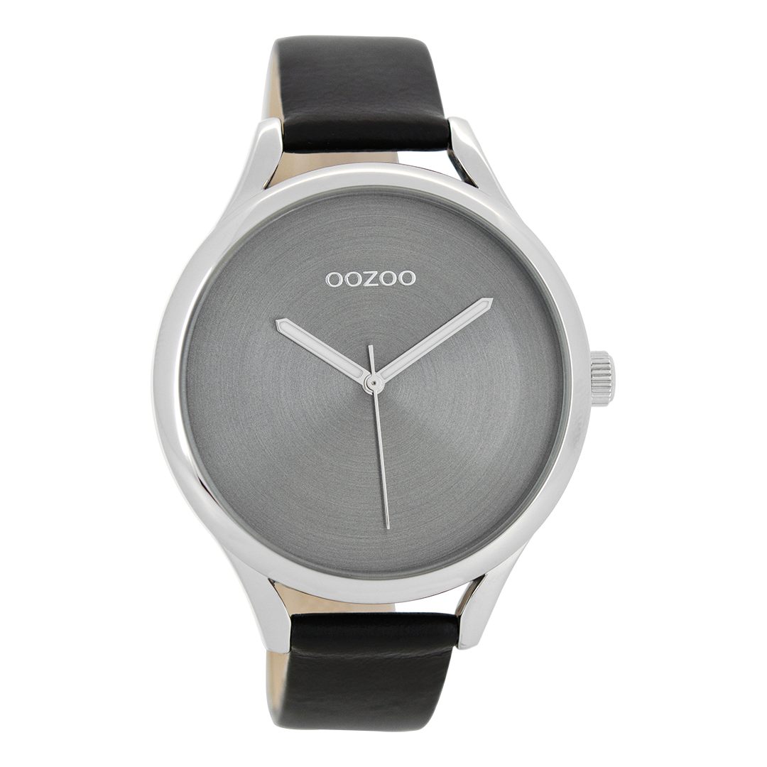 Zilverkleurige OOZOO horloge met zwarte leren band - C8634