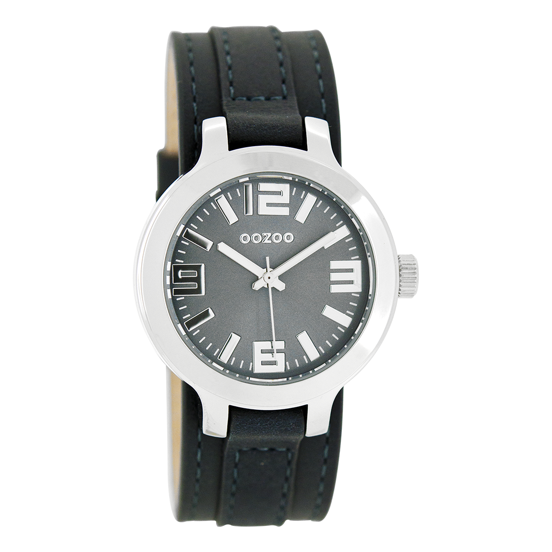 Zilverkleurige OOZOO horloge met donker blauwe leren band - C8707