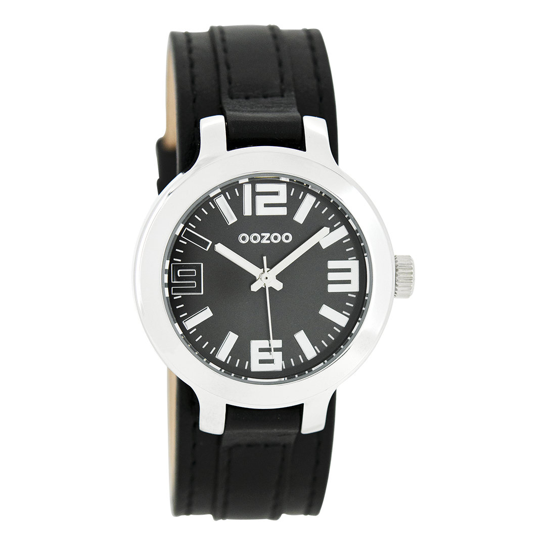 Zilverkleurige OOZOO horloge met zwarte leren band - C8709