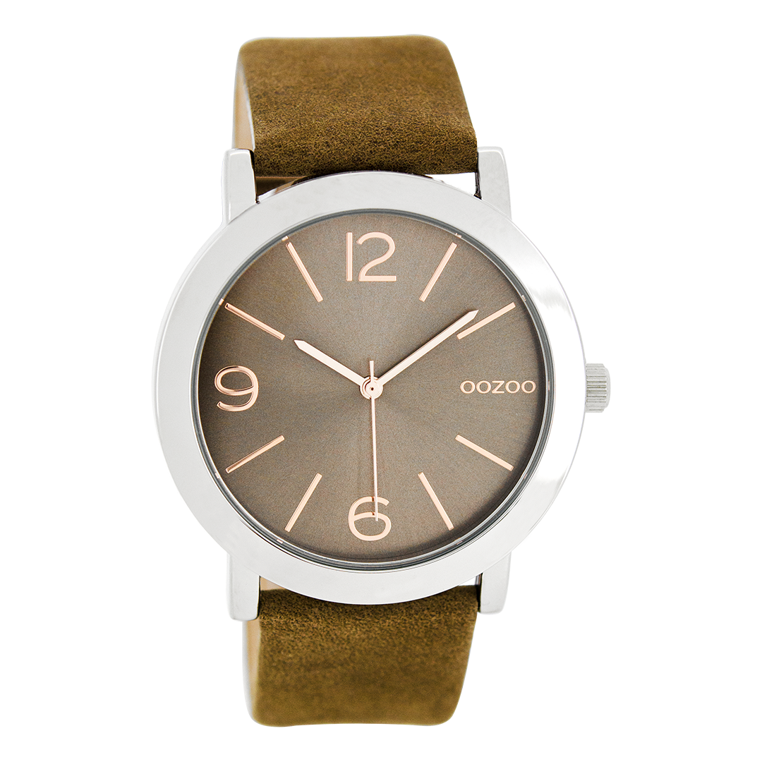 Zilverkleurige OOZOO horloge met bruine leren band - C8713