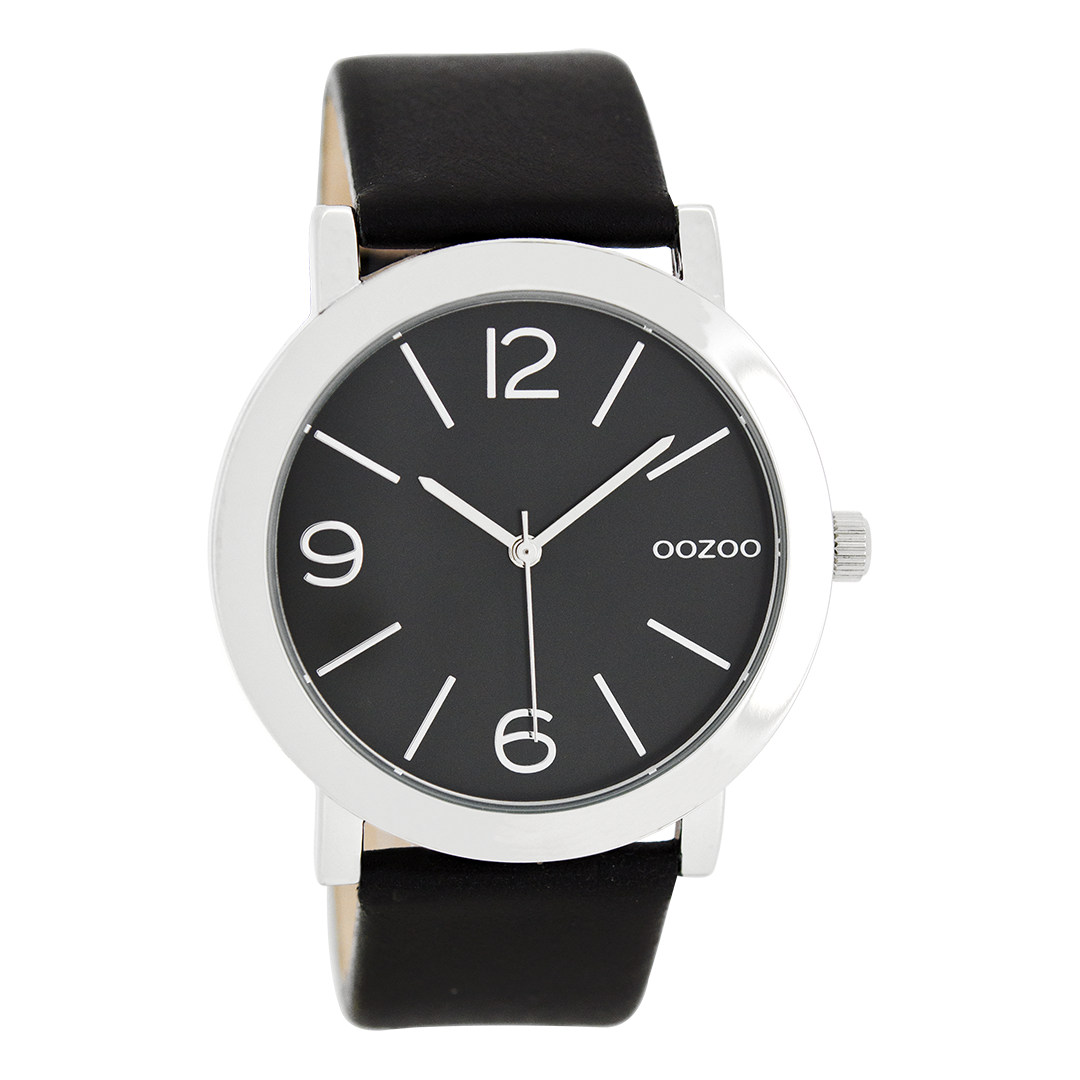 Zilverkleurige OOZOO horloge met zwarte leren band - C8714