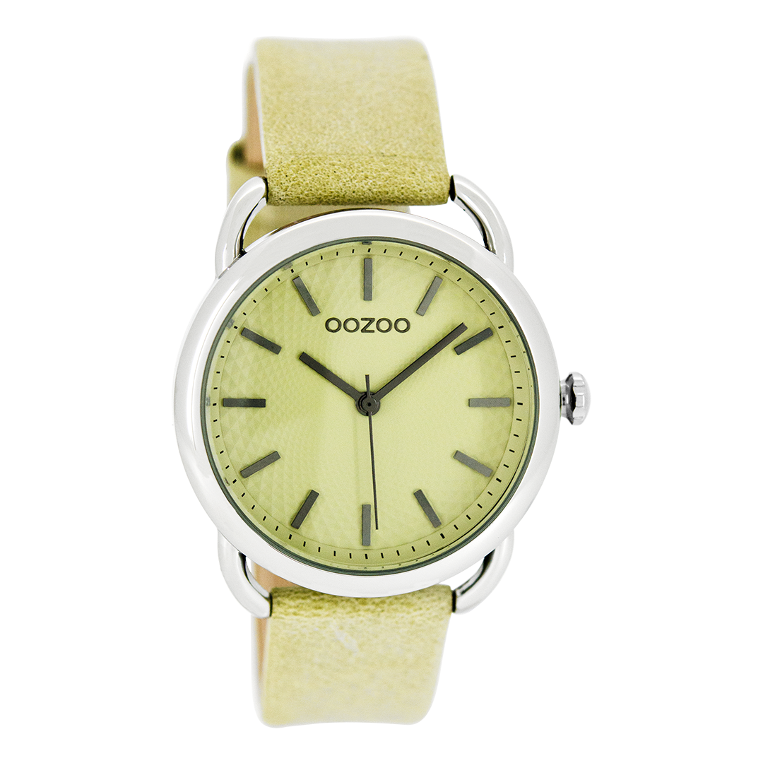 Zilverkleurige OOZOO horloge met zand/licht groene leren band - C8715