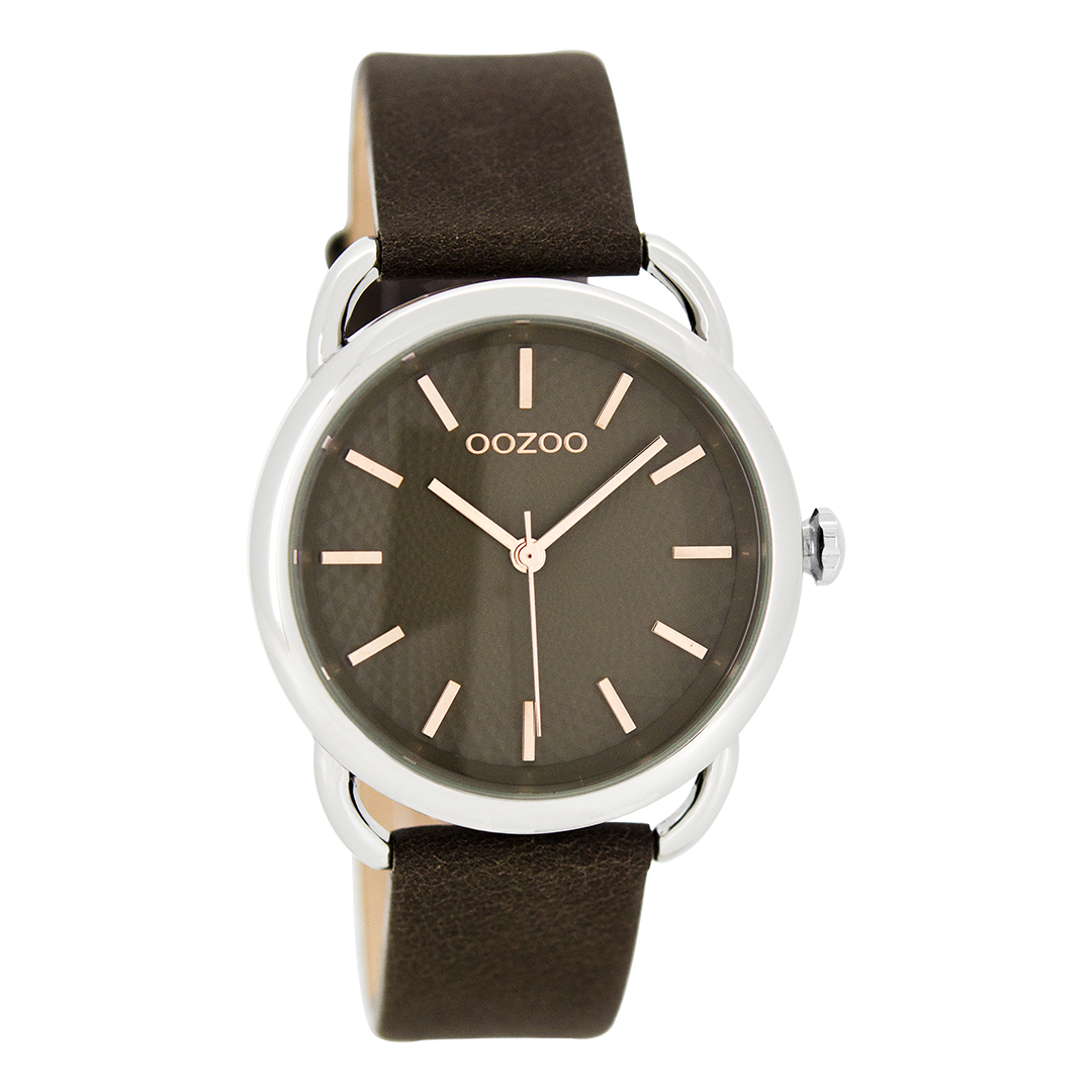 Zilverkleurige OOZOO horloge met bruine leren band - C8719