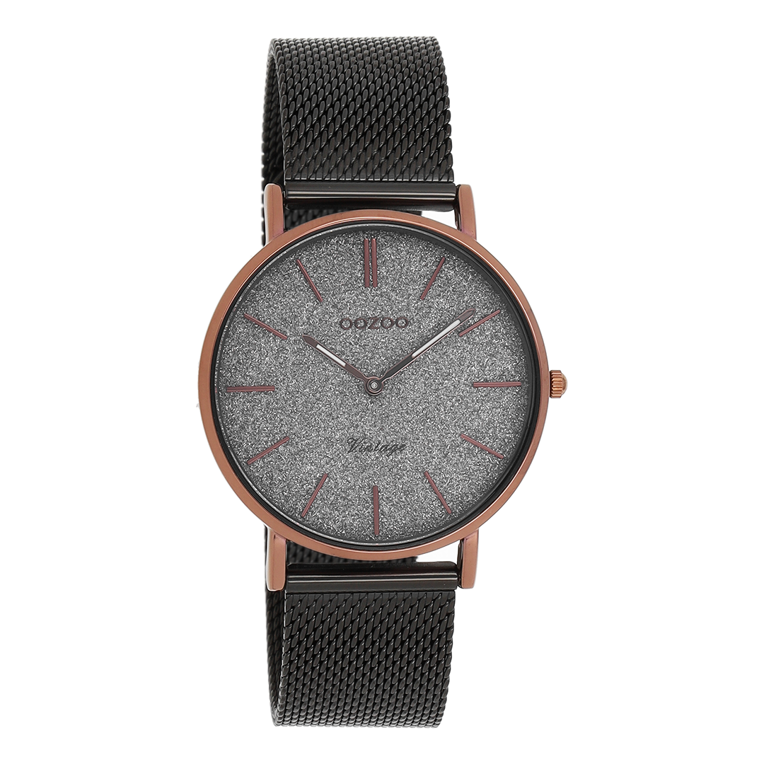 Bruine OOZOO horloge met olifant grijze metalen mesh armband - C8862