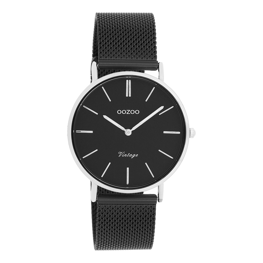 Zilverkleurige OOZOO horloge met zwarte metalen mesh armband - C8866