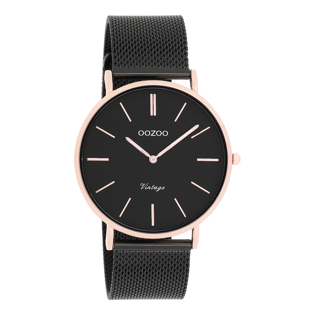 Rosé goudkleurige OOZOO horloge met zwarte metalen mesh armband - C8869