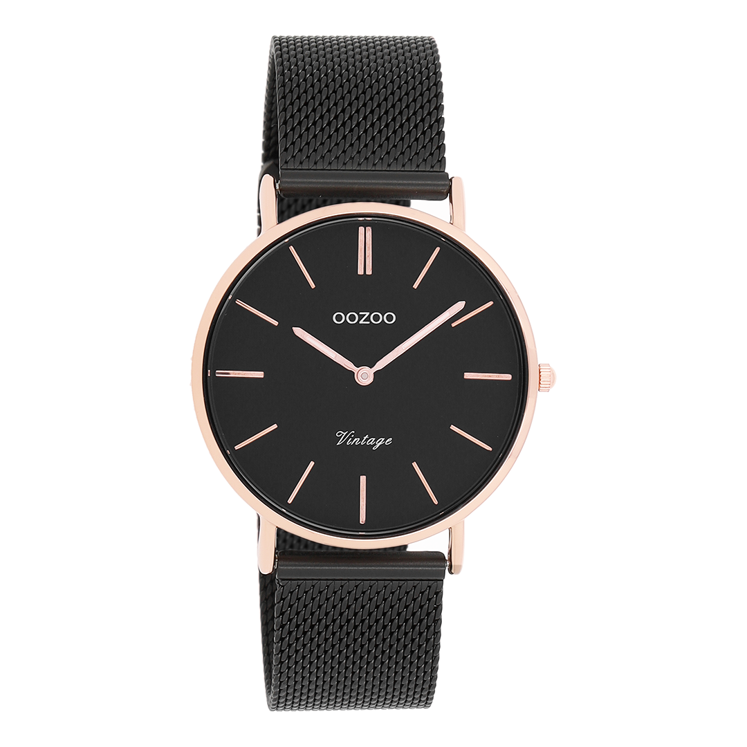 Rosé goudkleurige OOZOO horloge met zwarte metalen mesh armband - C8870