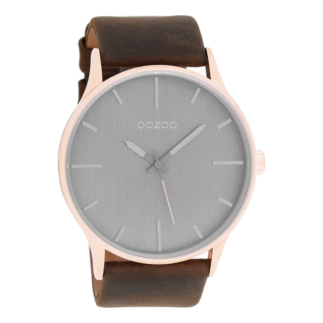 Rosé goudkleurige OOZOO horloge met donker bruine leren band - C9053