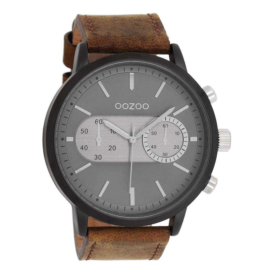 Zwarte OOZOO horloge met bruine leren band - C9057