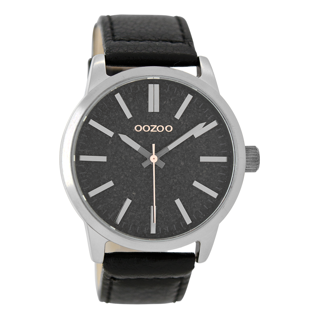 Zilverkleurige OOZOO horloge met zwarte leren band - C9069