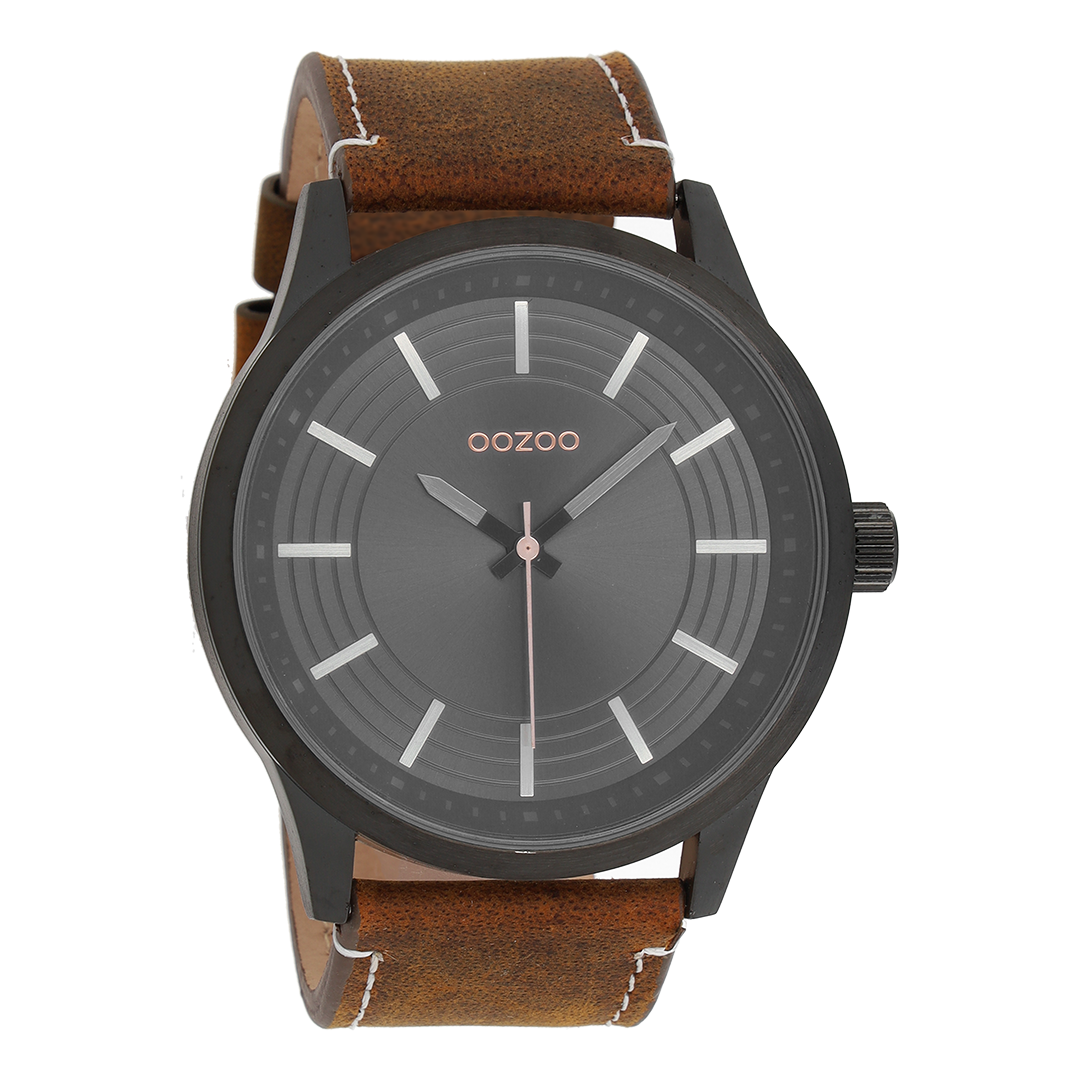 Zwarte OOZOO horloge met donker bruine leren band - C9077