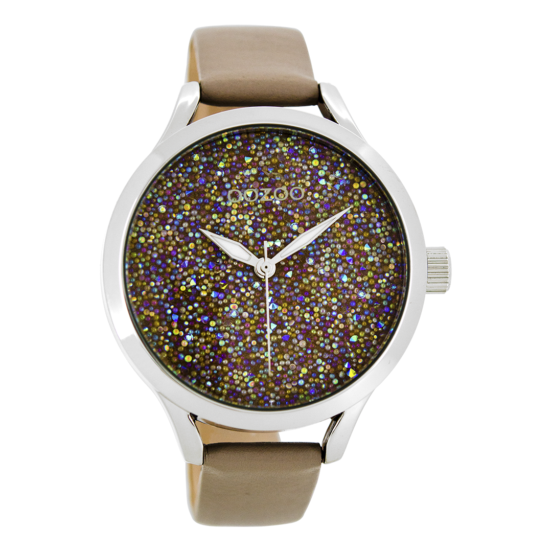 Zilverkleurige OOZOO horloge met taupe leren band - C9127