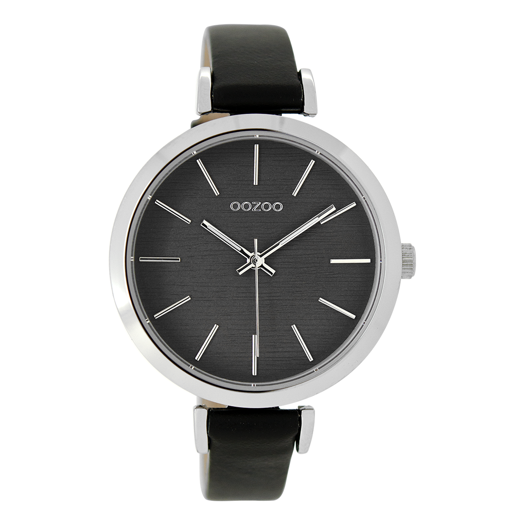 Zilverkleurige OOZOO horloge met zwarte leren band - C9139