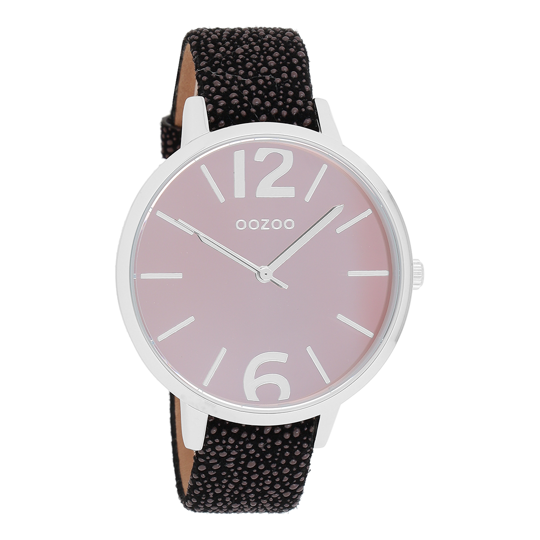 Zilverkleurige OOZOO horloge met zwarte leren band - C9154