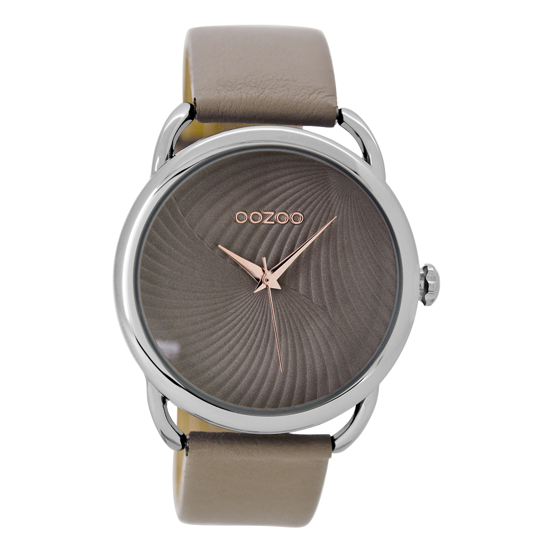 Zilverkleurige OOZOO horloge met taupe leren band - C9162