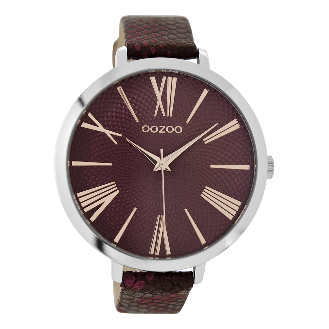 Zilverkleurige OOZOO horloge met bordeaux rode leren band - C9171