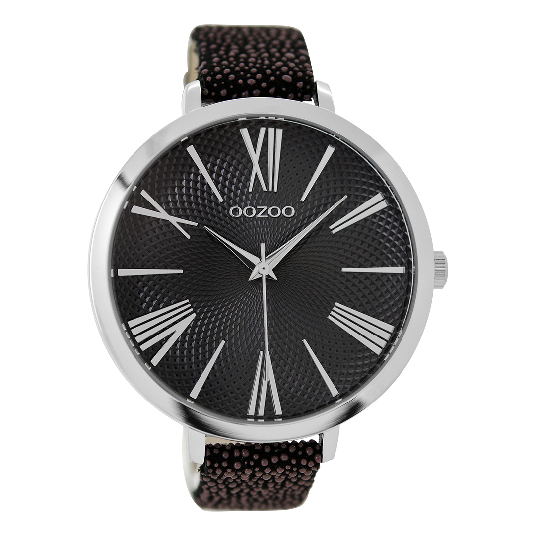 Zilverkleurige OOZOO horloge met zwarte leren band - C9173