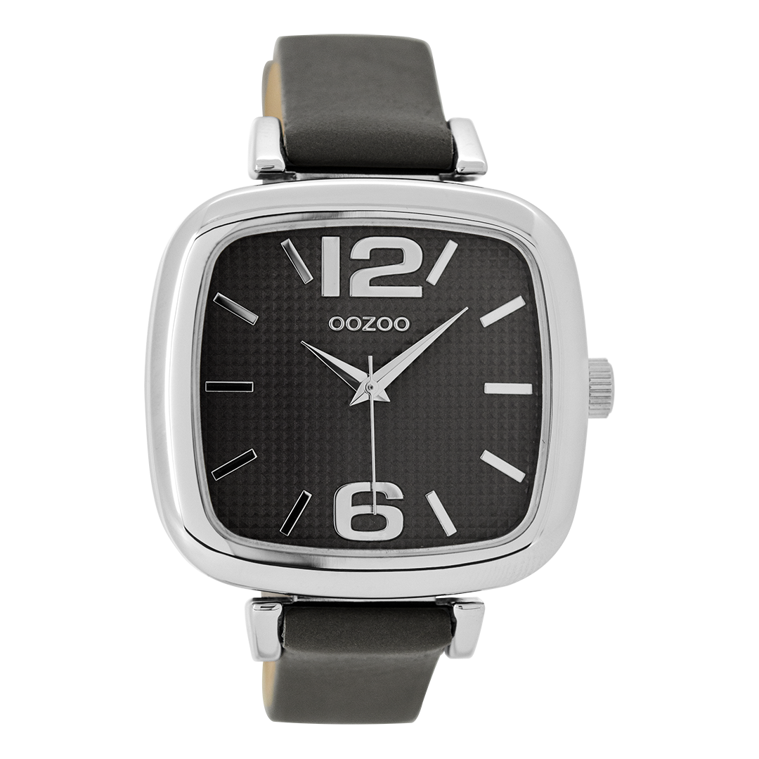Zilverkleurige OOZOO horloge met olifant grijze leren band - C9183