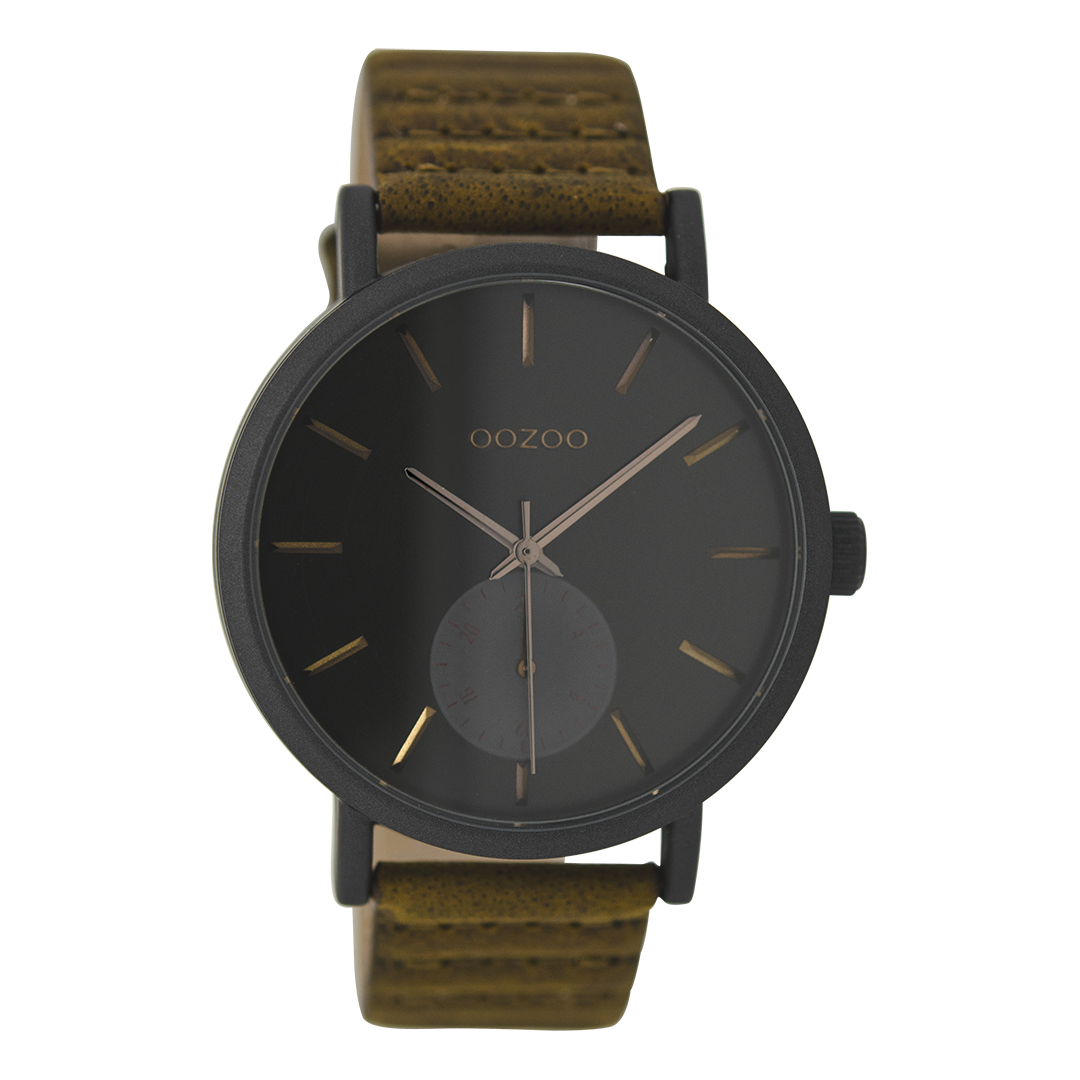 Zwarte OOZOO horloge met bruine leren band - C9188