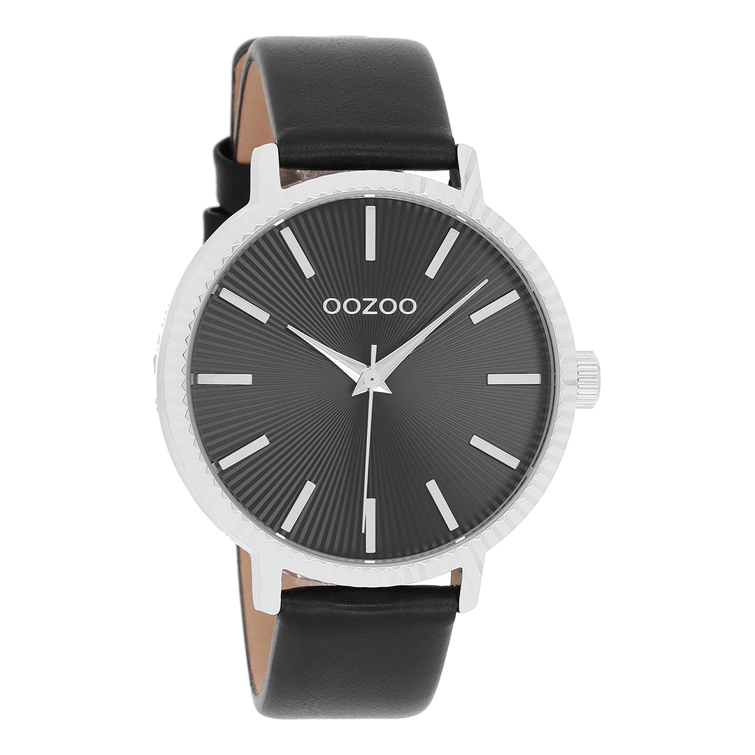 Zilverkleurige OOZOO horloge met zwarte leren band - C9199