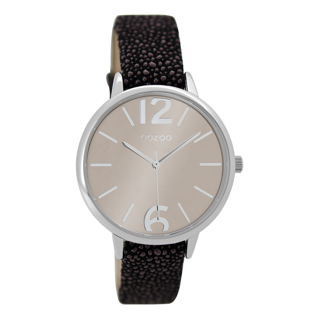 Zilverkleurige OOZOO horloge met zwarte leren band - C9227