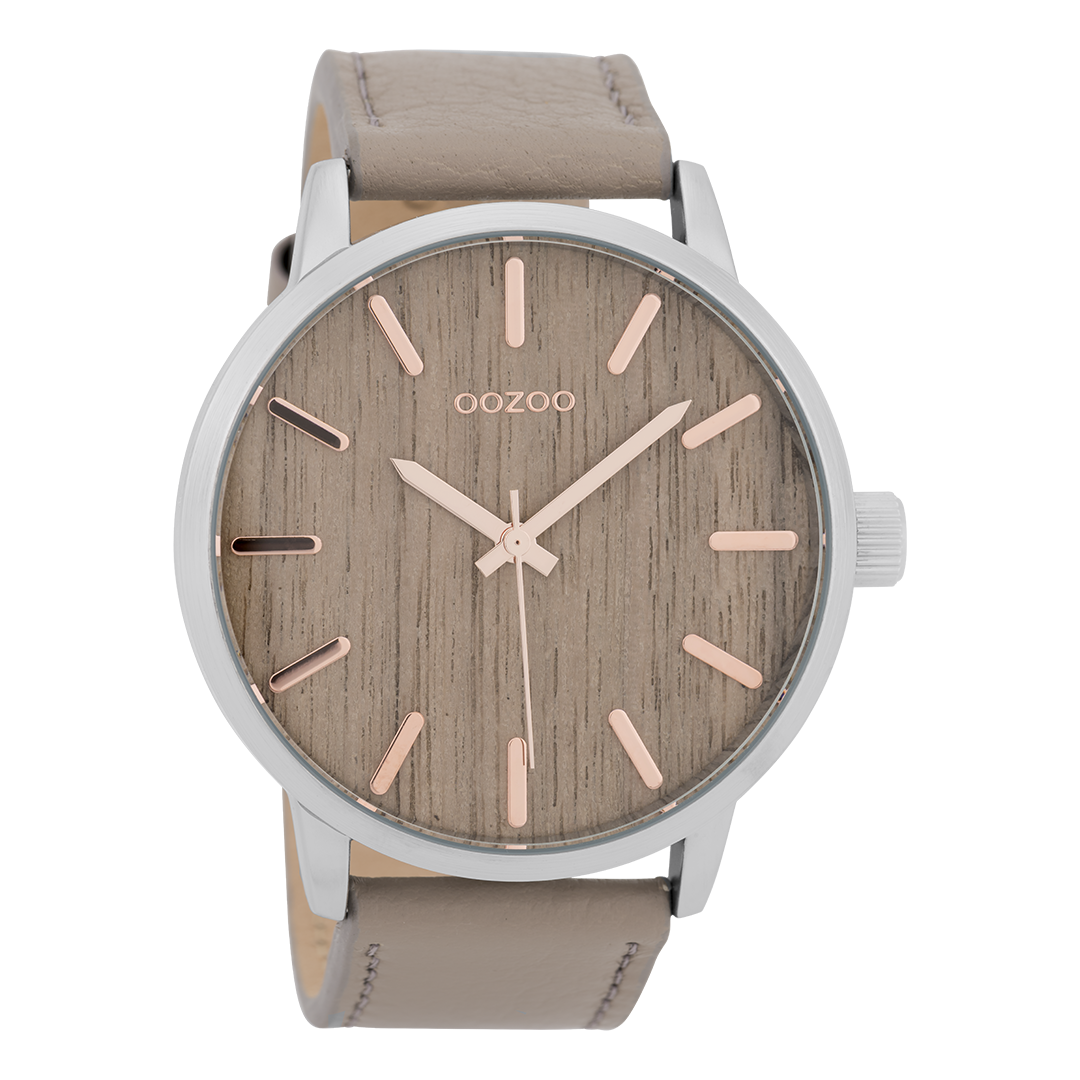 Silver coloured OOZOO watch with taupe leather strap - C9257