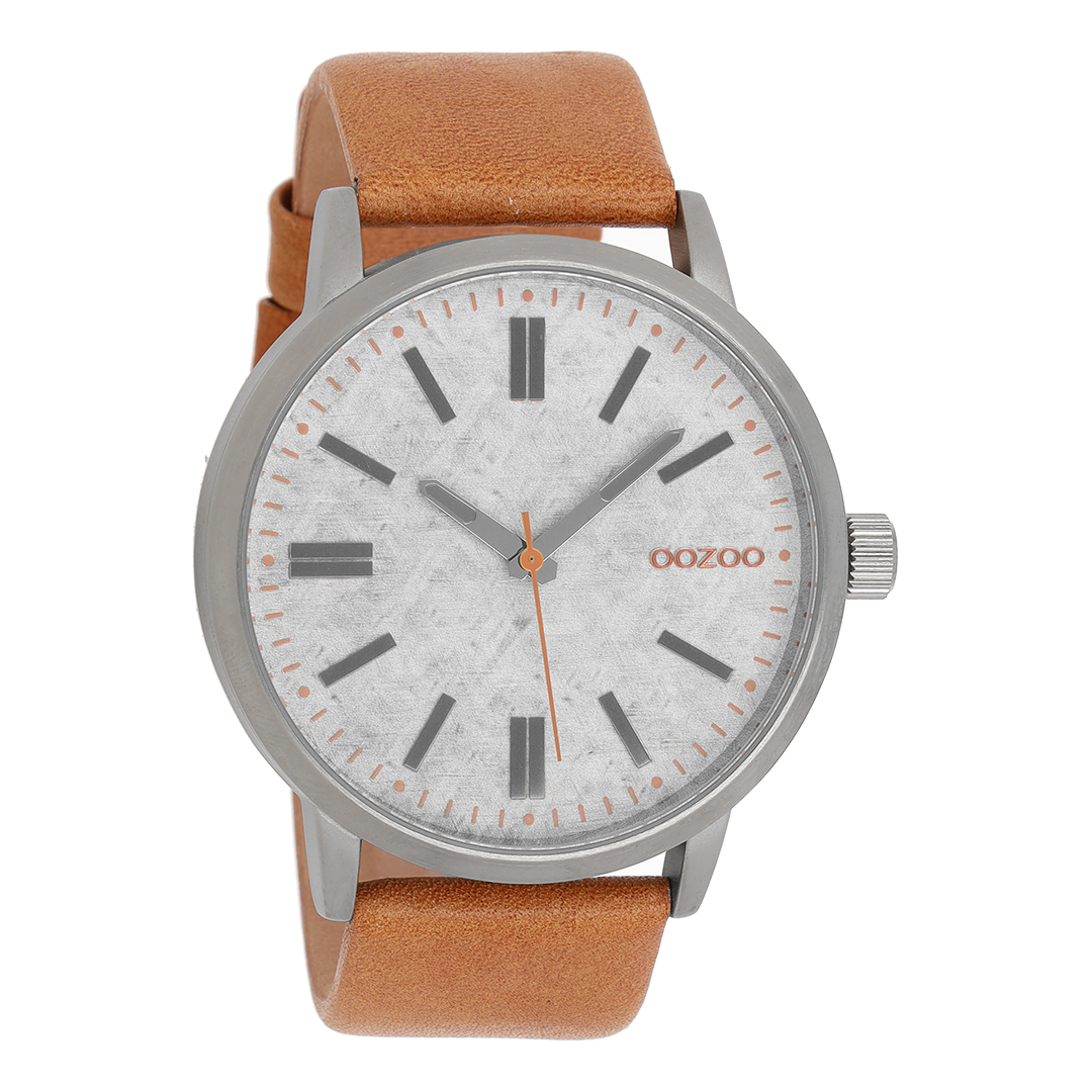 Zilverkleurige OOZOO horloge met camel leren band - C9405