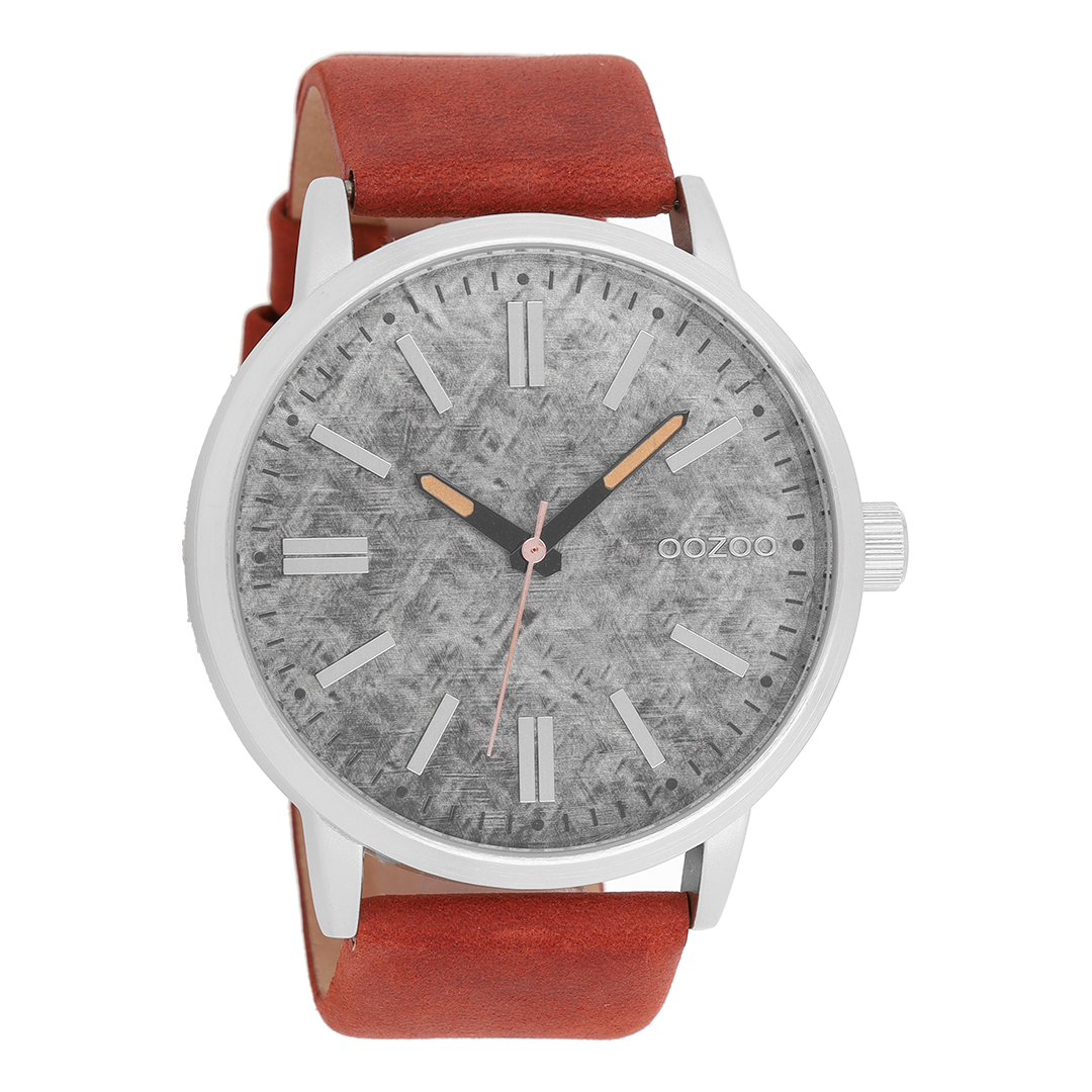 Zilverkleurige OOZOO horloge met cognac leren band - C9407