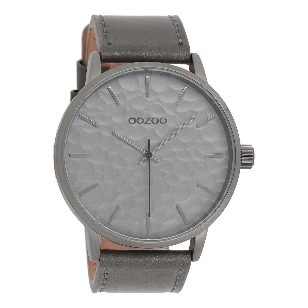 Silver coloured OOZOO watch with elephant grey leather strap - C9440