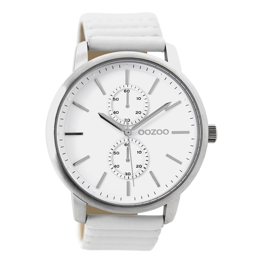 Zilverkleurige OOZOO horloge met witte leren band - C9450