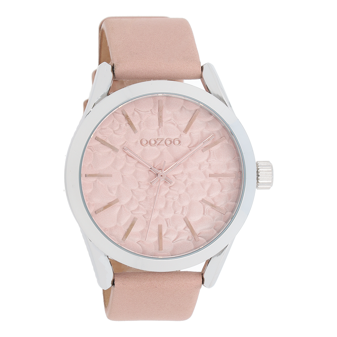 Zilverkleurige OOZOO horloge met oud roze leren band - C9472