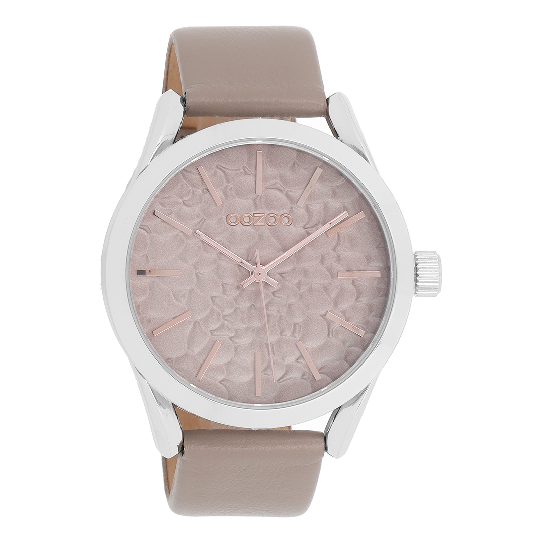 Zilverkleurige OOZOO horloge met taupe leren band - C9473