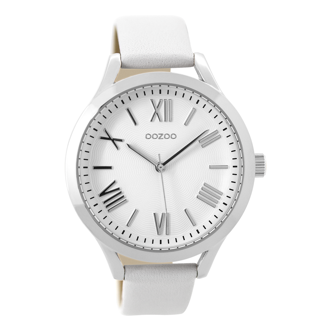 Zilverkleurige OOZOO horloge met witte leren band - C9475
