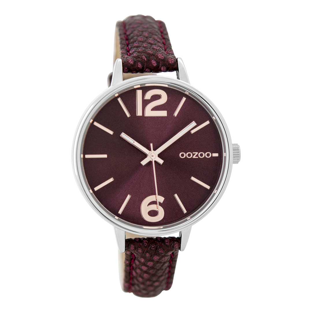 Zilverkleurige OOZOO horloge met bordeaux rode leren band - C9482