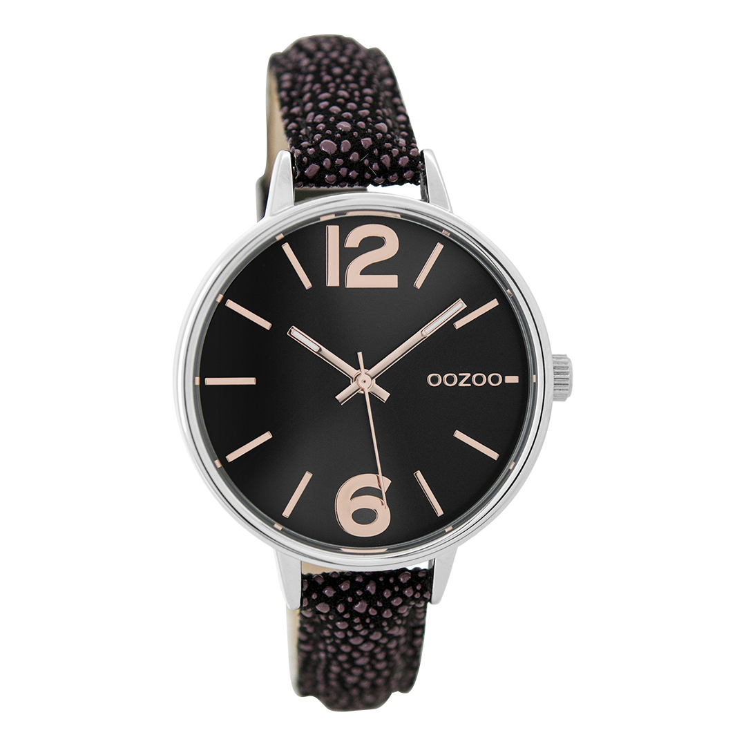 Zilverkleurige OOZOO horloge met zwarte leren band - C9484